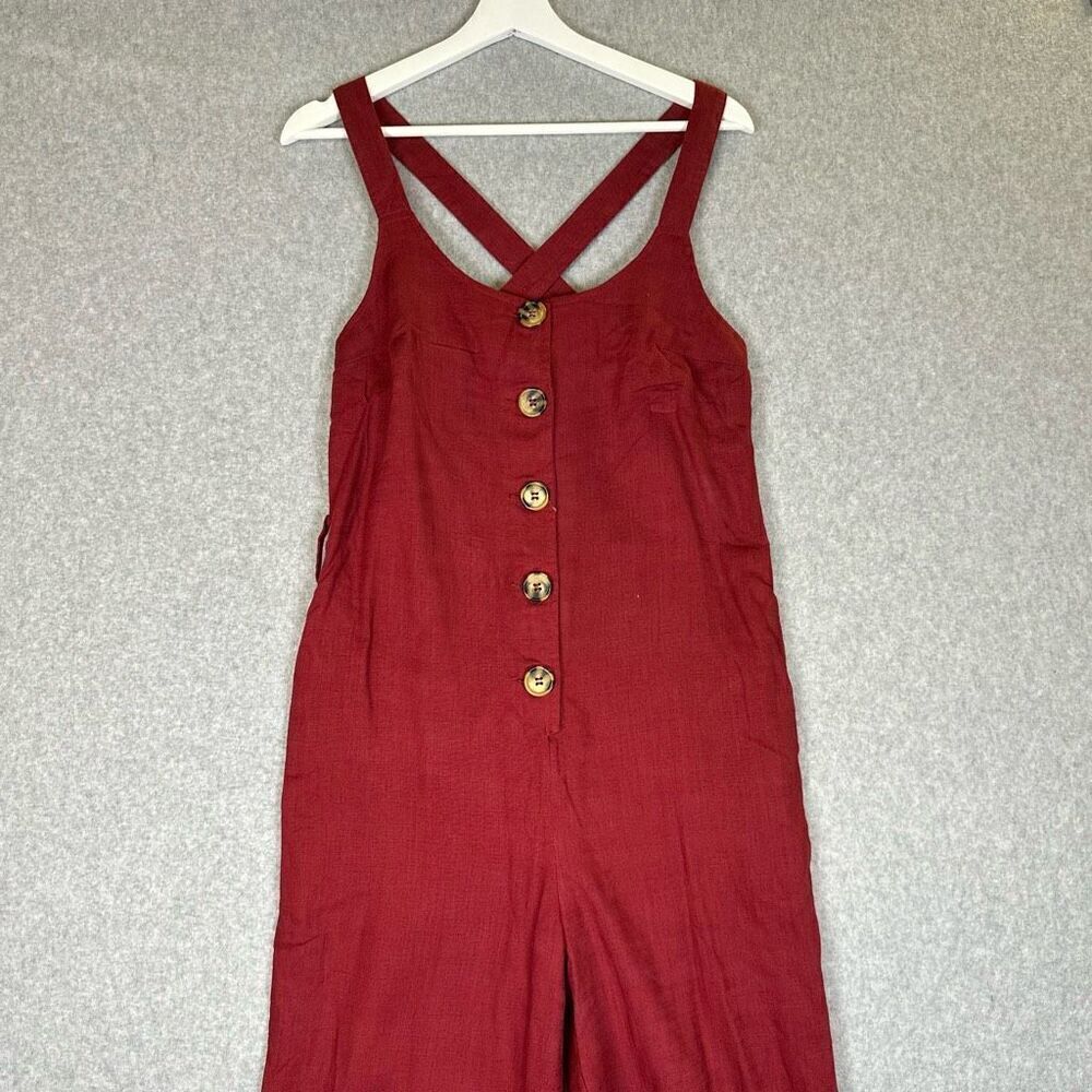 Modcloth Womens Size Small Button Front Linen Blend Jumpsuit Burgubdy Cropped